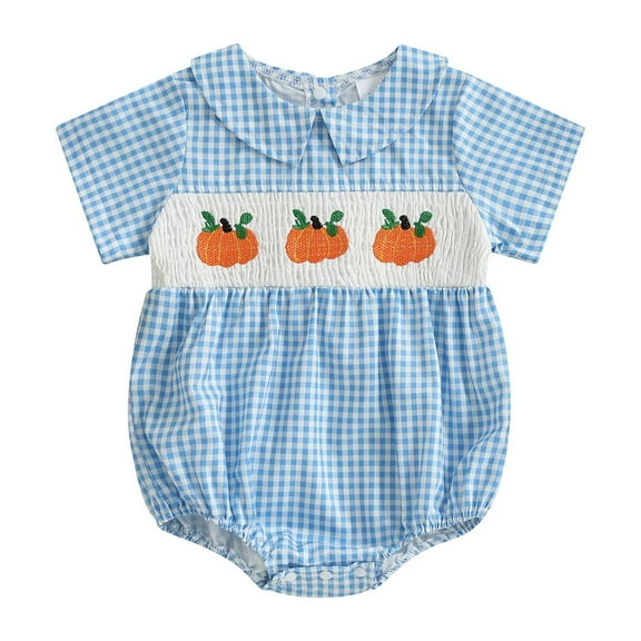 LIIPEE Girls Boys Onesie Halloween Cartoon Pumpkin Embroidered Short Sleeve Peter Pan Collar Bodysuit Cute Party One-Pieces,Blue,6-12 Months