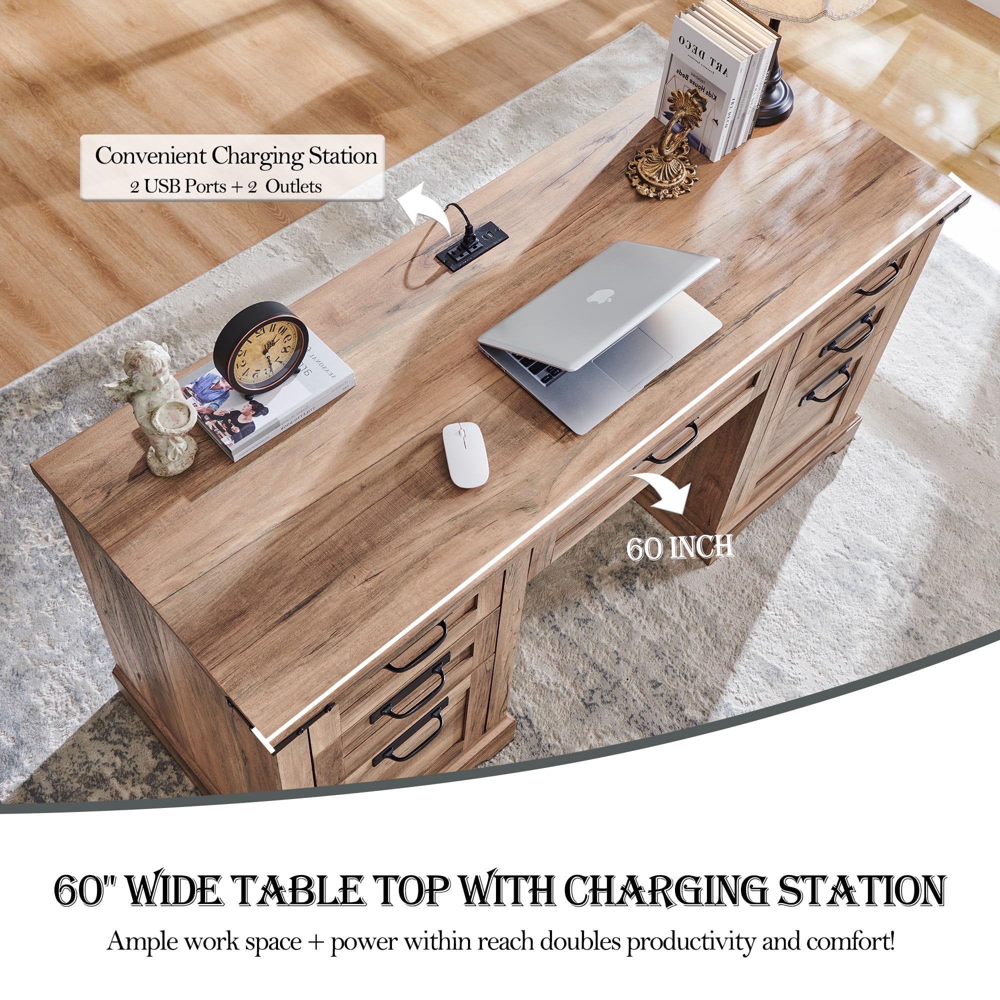OKD Farmhouse Executive Desk, Rustic Office Desk with Charging Station and Keyboard Tray,Home Workstations with File Drawer, Storage Cabinet,Wood Computer Writing Desk, Natural Oak