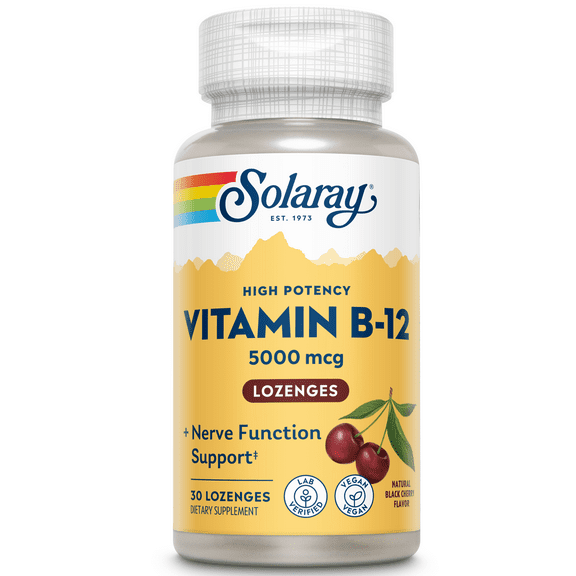 Solaray Vitamin B-12 5000mcg Lozenges | Natural Cherry Flavor | Healthy Energy & Nerve Function Support | 30ct