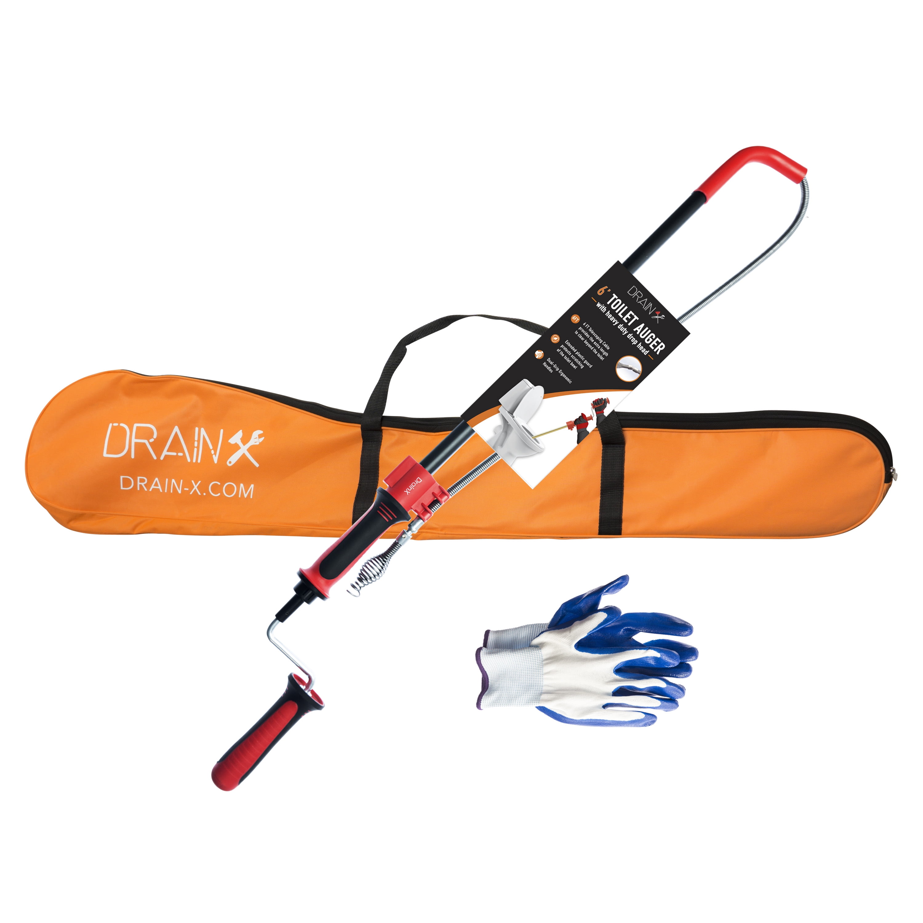DrainX Toilet Auger Drophead Drain Snake with Drill Attachment, 6 FT Cable, Includes Gloves and