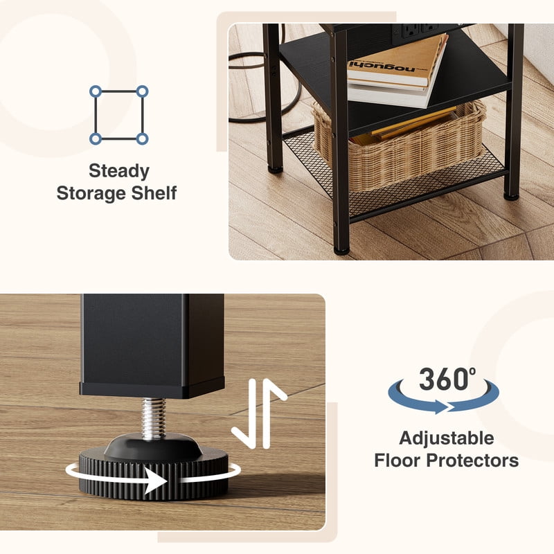 Gianna 15.7" Small Side Table Set of 2 with Charging Station, End Table with Outlets & USB Ports, 3-Tier Adjustable Storage Nightstand for Living Room, Bedroom, Small Spaces, Black