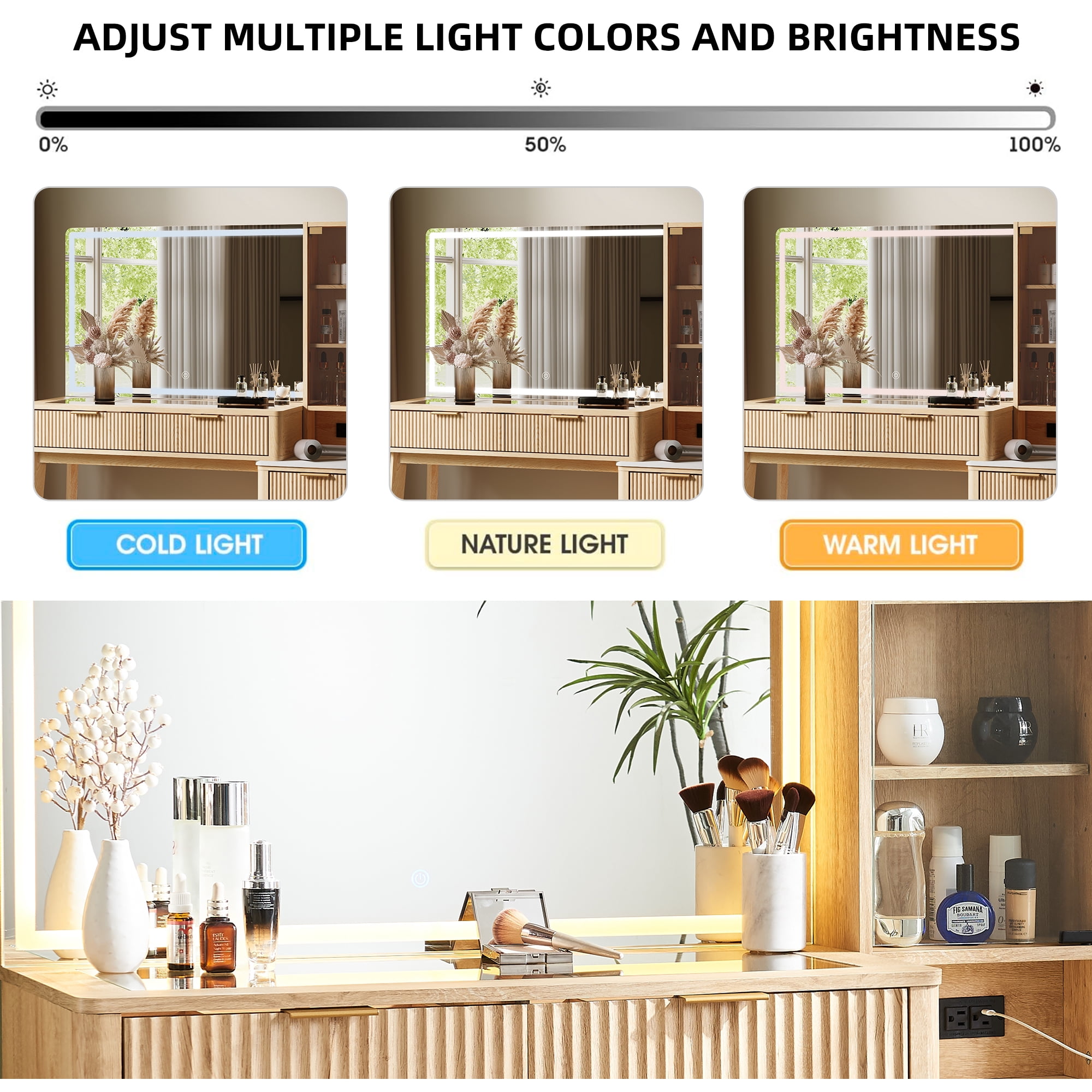 KeyWhat 48" Fluted Vanity Desk with 36" Mirror and Lights - Oak