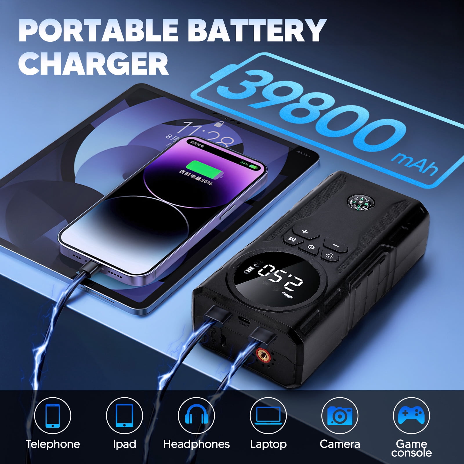 UNTIMATY Portable Car Jump Starter with Air Compressor Power Bank 3000A 39800mAh 12V Car Battery Jump Starter 150PSI Digital Tire Inflator Portable Battery Jump Box with Jumper Cables