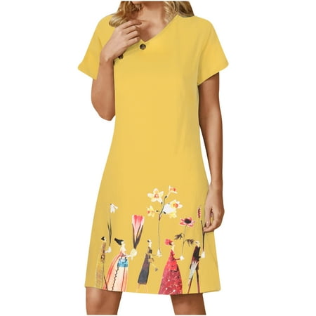 

YanHoo Women s Casual Dresses Summer Short Sleeve V Neck Shift Dress Beach Print Knee Length Dress