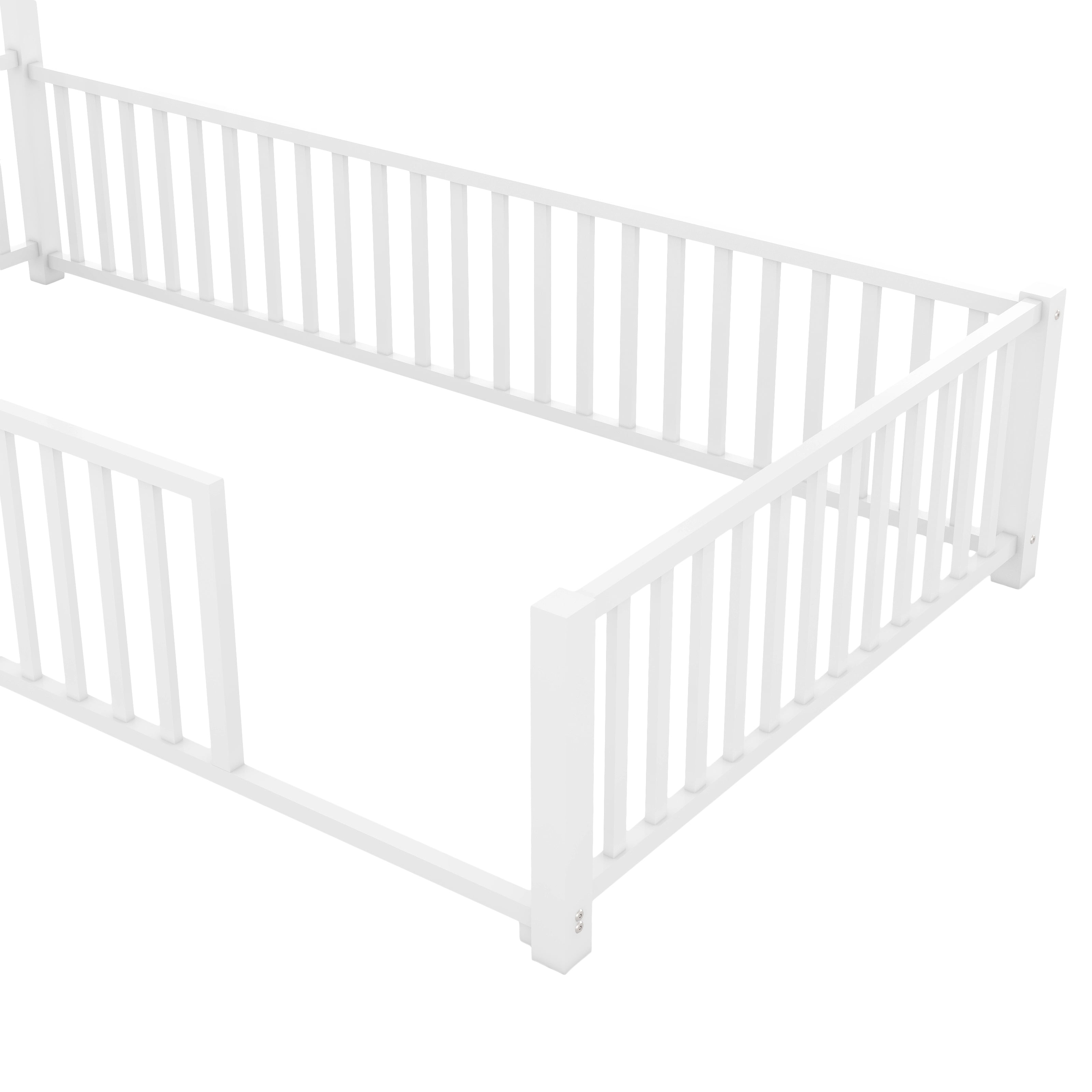 DreamBuck Metal House Floor Bed with Fence Guardrail and Chimney, Twin Floor Bed fors, No Weight Capacity Limit, Heavy Duty Floor Bed Frame for Bedroom, Easy Assembly, White
