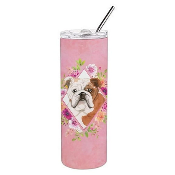 20 oz English Bulldog Pink Flowers Double Walled Stainless Steel Skinny Tumbler