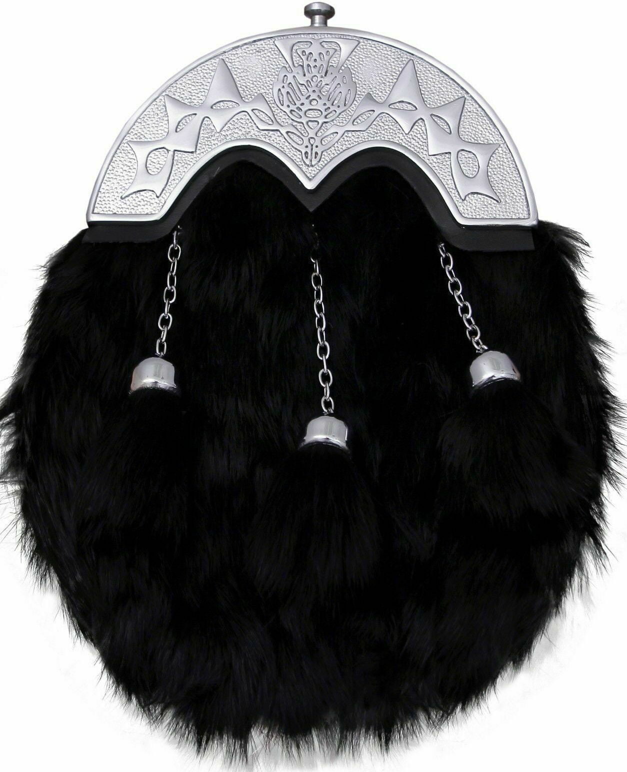 Scottish Full Dress Black & White  Rabbit Fur Celtic Cantle Thistle Kilt Sporran