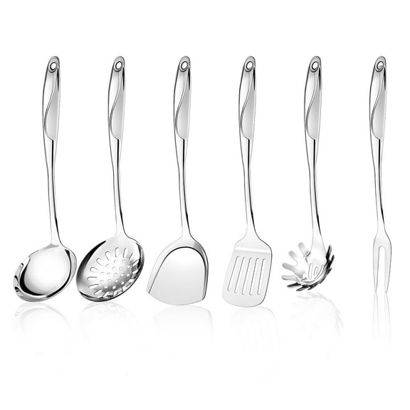 Bestdin 6-Piece Kitchen Cooking Utensils Set, Stainless Steel Utensils with Suspendable Handle, Spatula, Slotted Turner, Soup Ladle, Slotted Spoon, Carving Meat Fork, Pasta Server, Dishwasher Safe