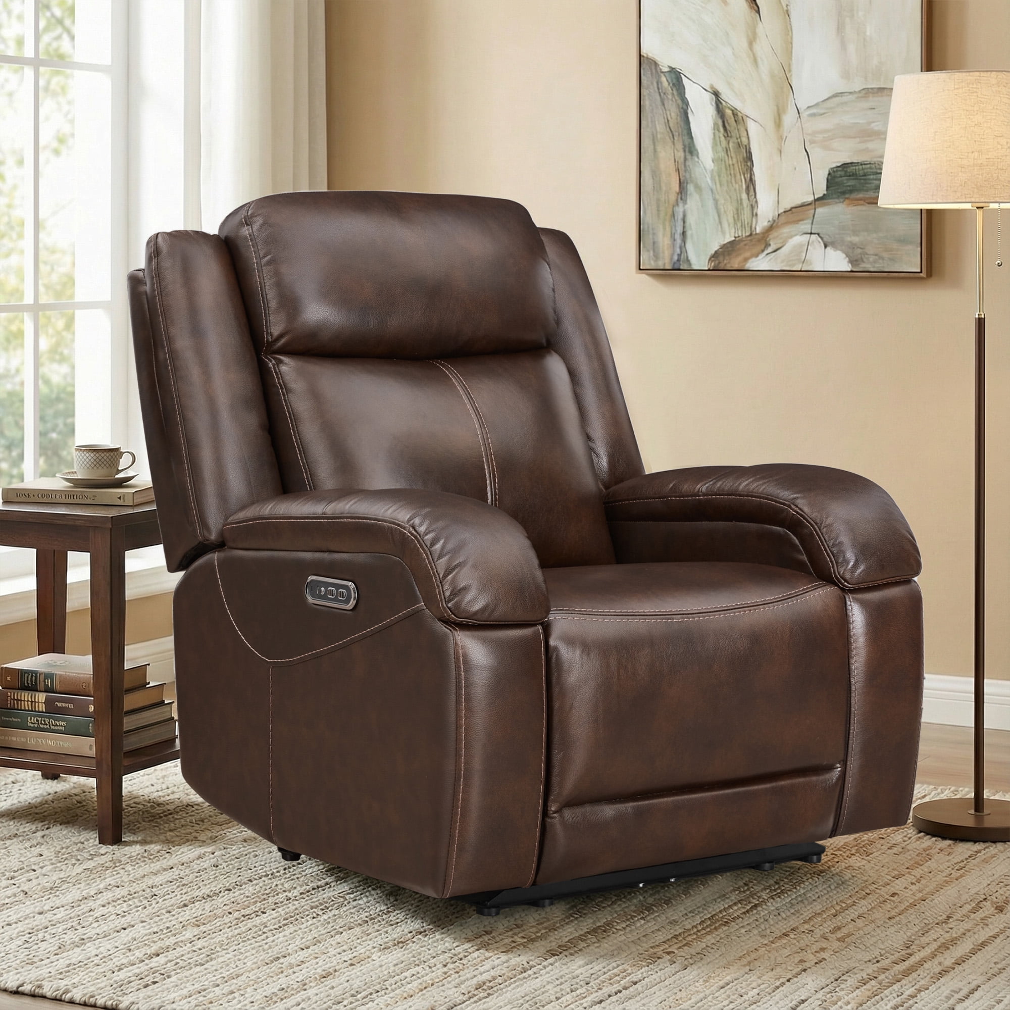 Spruce & Spring Genuine Leather Wall Hugger Power Recliner with Dual Motors, Brown-Medium