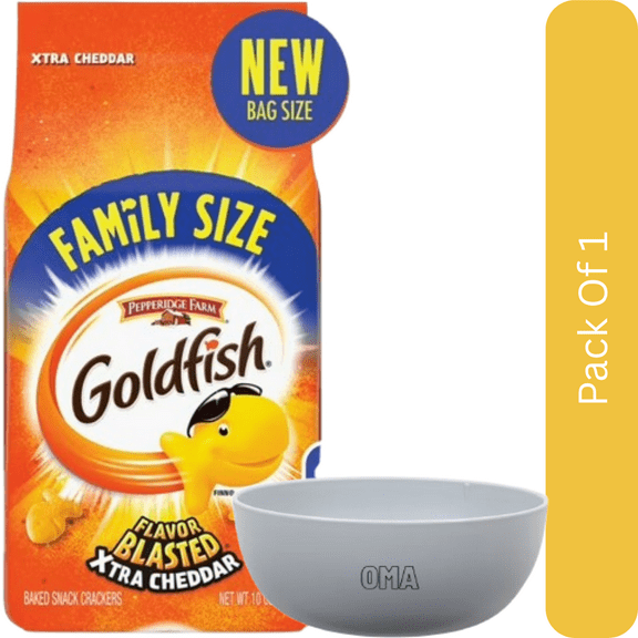 Goldfish Flavor Blasted Xtra Cheddar Crackers, Family Size – 10 oz Bag- With White Bowl By OMA