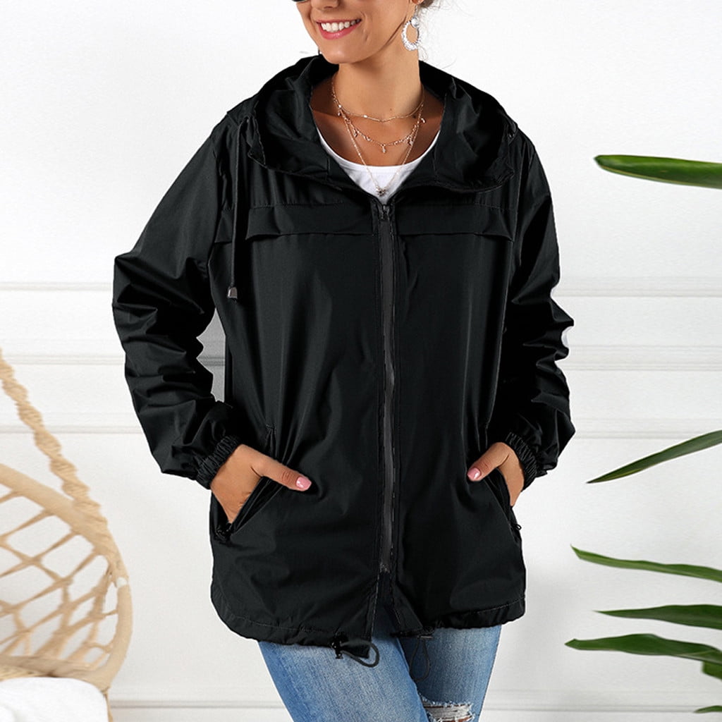 Guvpev Women Solid Rain Outdoor Plus Waterproof Hooded Raincoat Windproof Jacket  Coat - Black M - Walmart.com