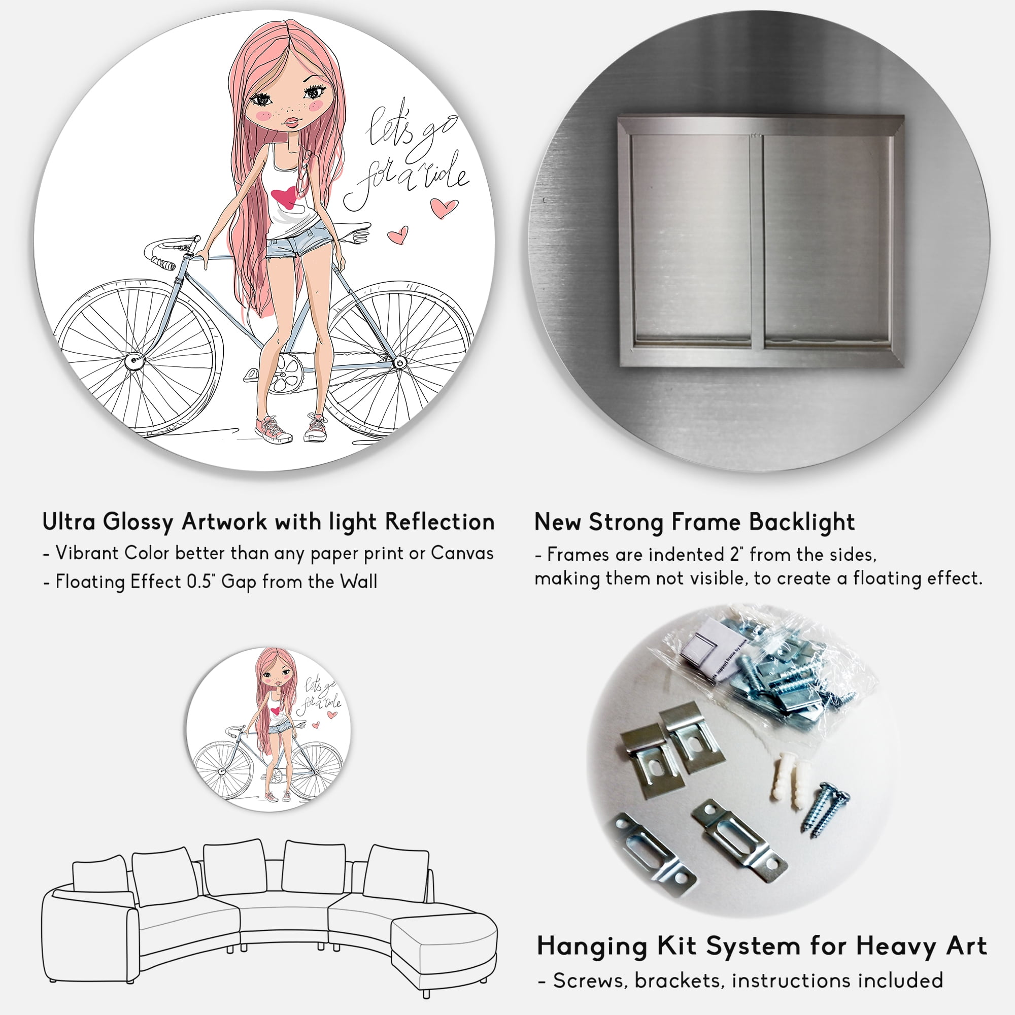 Designart 'Young Woman With Bicycle' Children's Art Circle Metal Wall Art 29x29 - Disc of 29