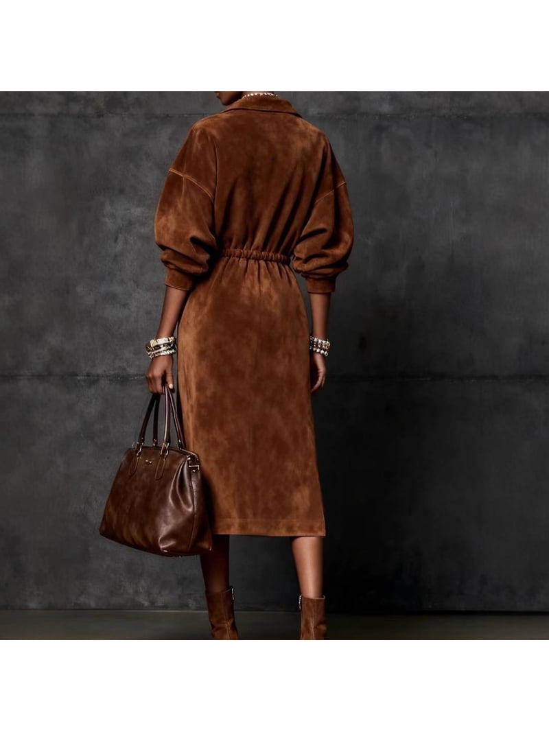 brown suede dress long sleeve Faux Suede Long Sleeve Dress Burnt Orange / S