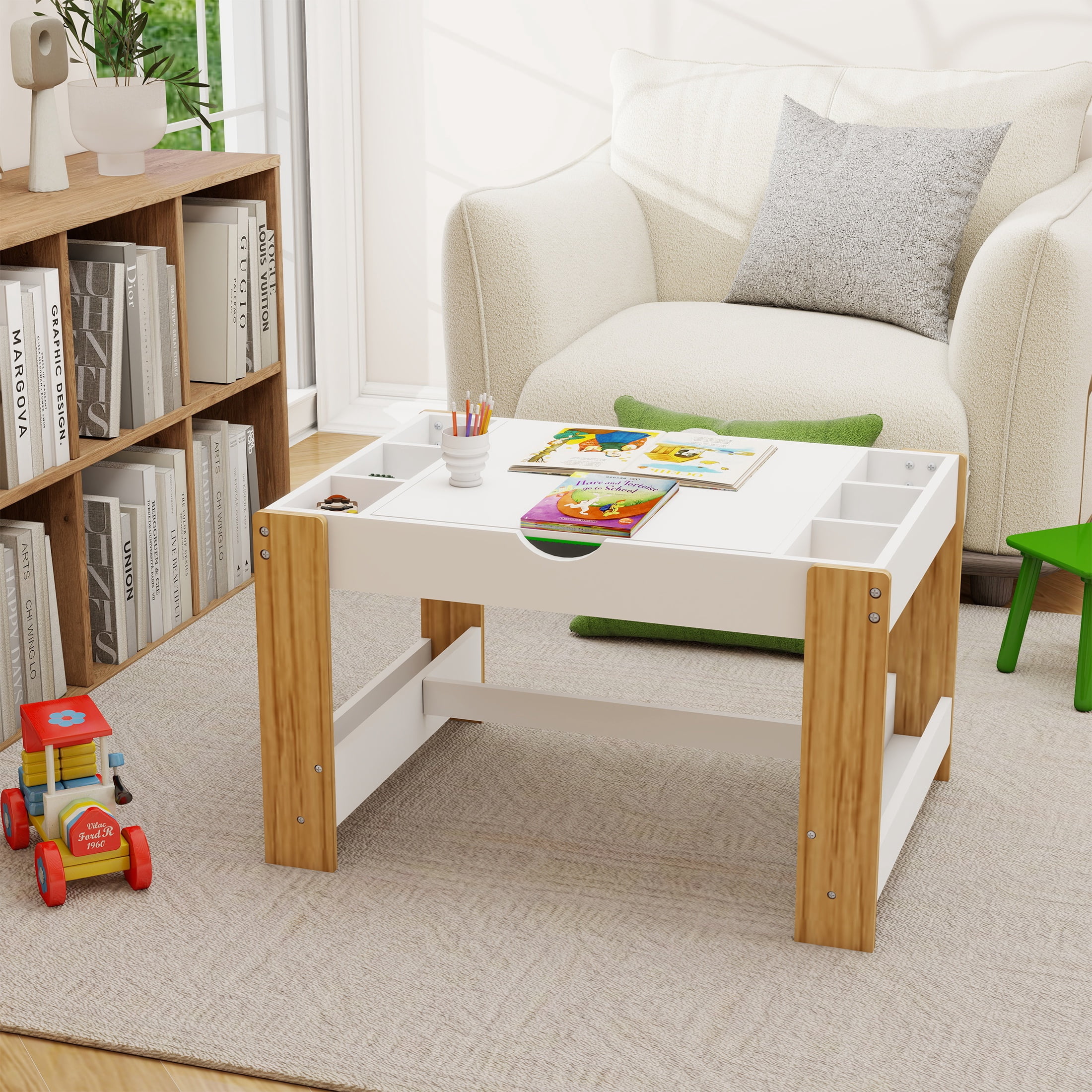 PORKISS 2 in 1 Kids Play Table for Building Bricks, with Reversible Top and 7 Storage Compartments, White