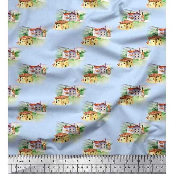 Soimoi Blue polyester Crepe Fabric House & Landscape Nature Decor Fabric Printed Yard 52 Inch Wide