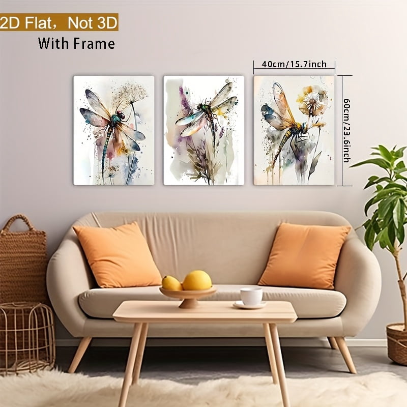 Framed 2D Flat Wall Art Featuring Three Colorful Dragonflies, Insect Prints, Watercolor Dragonfly Paintings, And Floral Images, Perfect for Decorating Bathroom And Living Room Walls