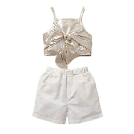 

4T Toddler Baby Girls Outfits Sleeveless Solid Color Strap Top +Shorts 2Pcs Clothes Set 4-5T White