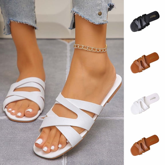 Miluxas Womens Sandals Comfortable Wide Leather Crisscross Summer Square Toe Flat Slide Sandals White 9(42)