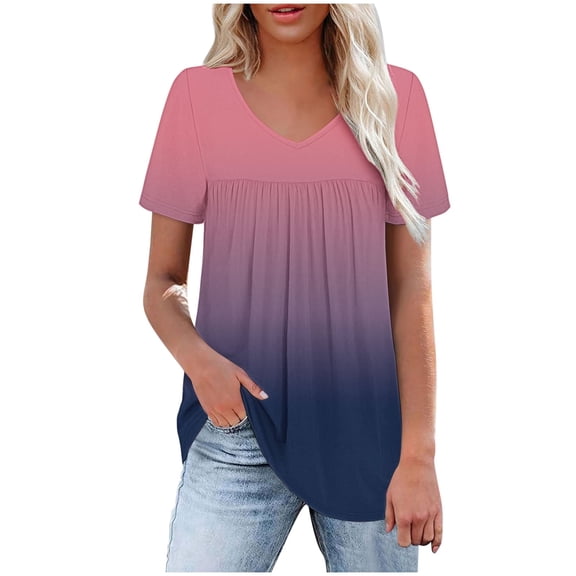 Gnshining Summer Tunic Tops for Women Pleated Blouse V-Neck Sweatshirts Loose Pullovers Short Sleeve T-Shirt