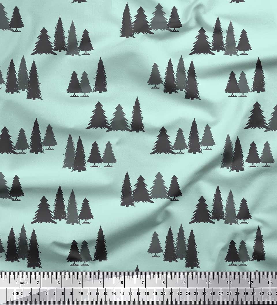 Soimoi Green Rayon Fabric Stencil Christmas Tree Print Fabric by the Yard 56 Inch Wide