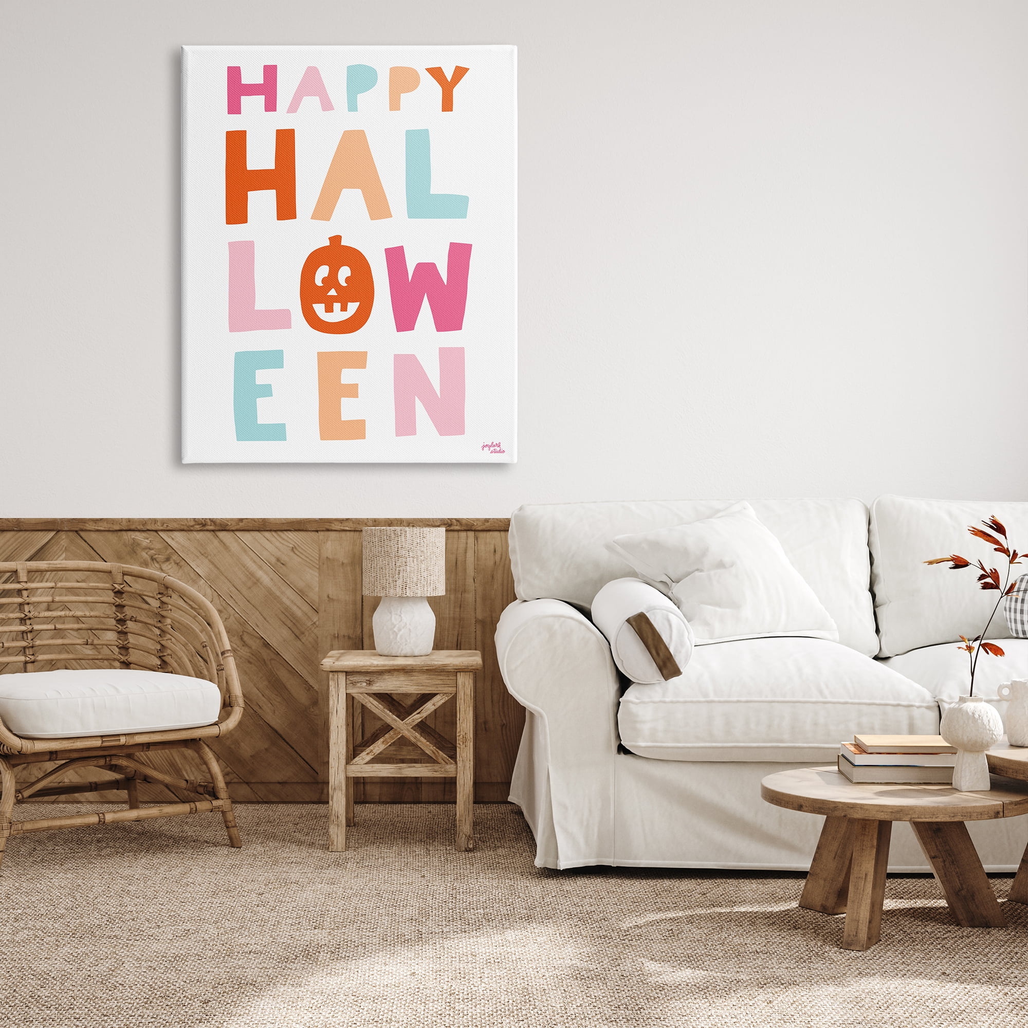 Stupell Industries Pastel Happy Halloween Text Whimsical Pumpkin Motif Graphic Art Gallery Wrapped Canvas Print Wall Art, Design by Jess Baskin