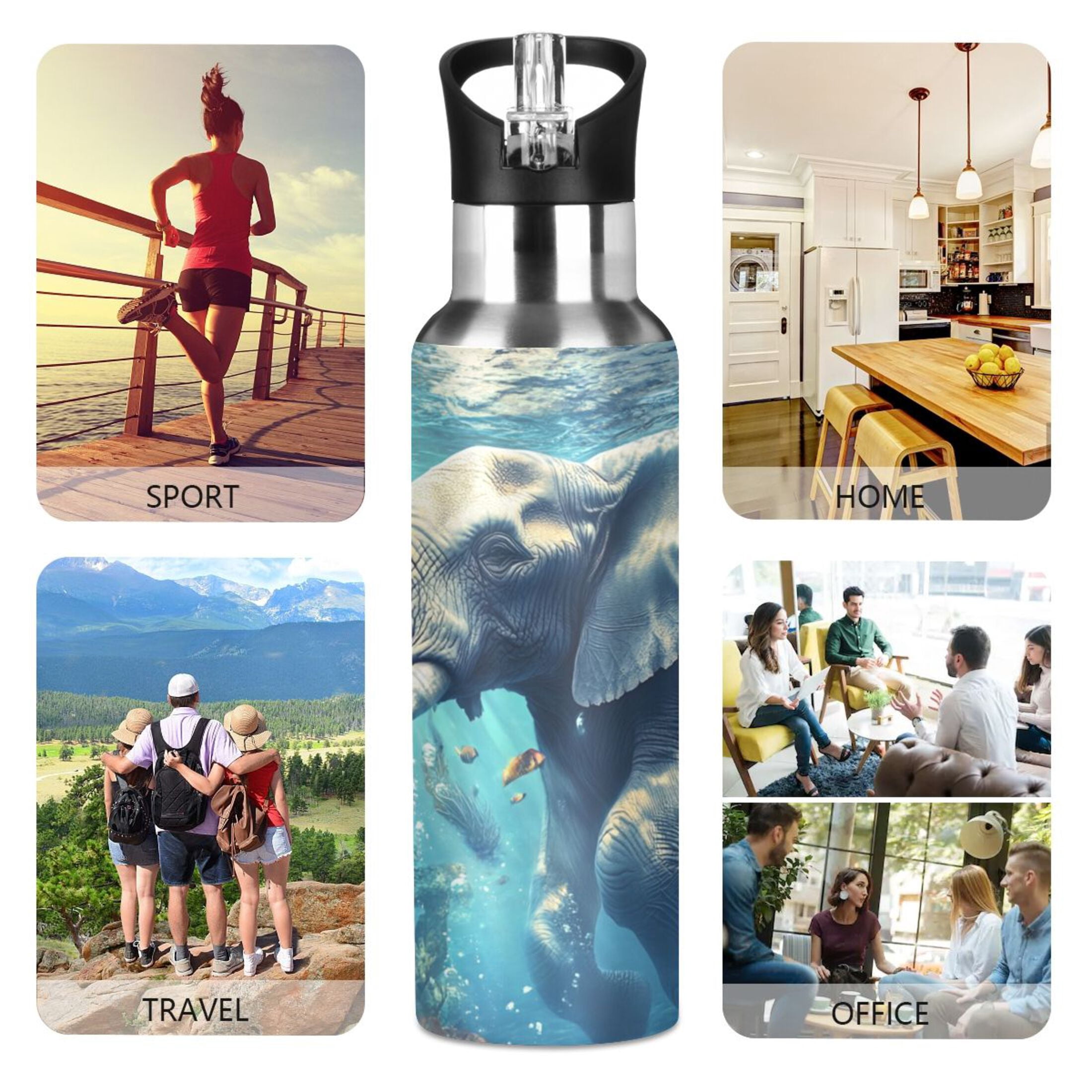 Elephant Swimming under Sea Sports Bottle with Straw Stainless Steel Water Jug Portable Thermal Cup Leak-proof 1000ML