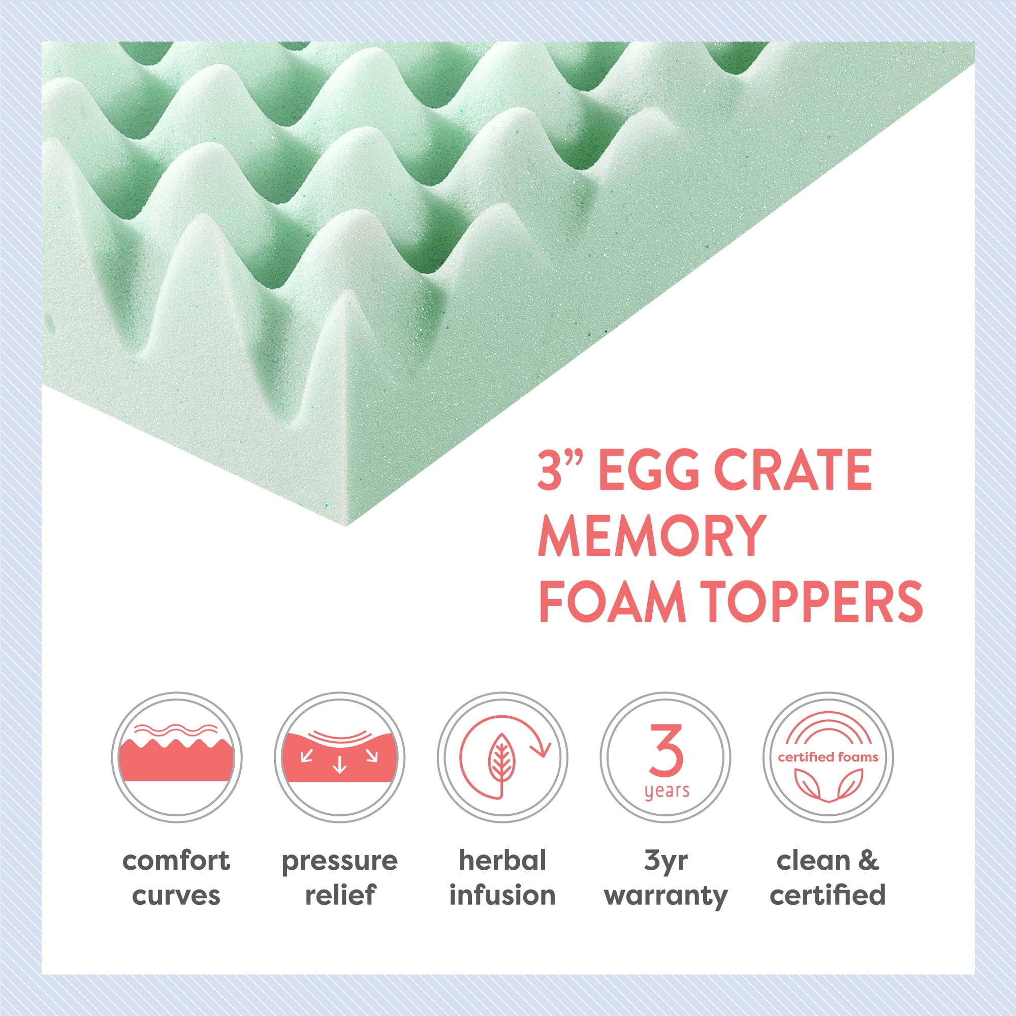 Mellow 3" Egg Crate Memory Foam Mattress Topper with Aloe Vera Infusion, Short Queen