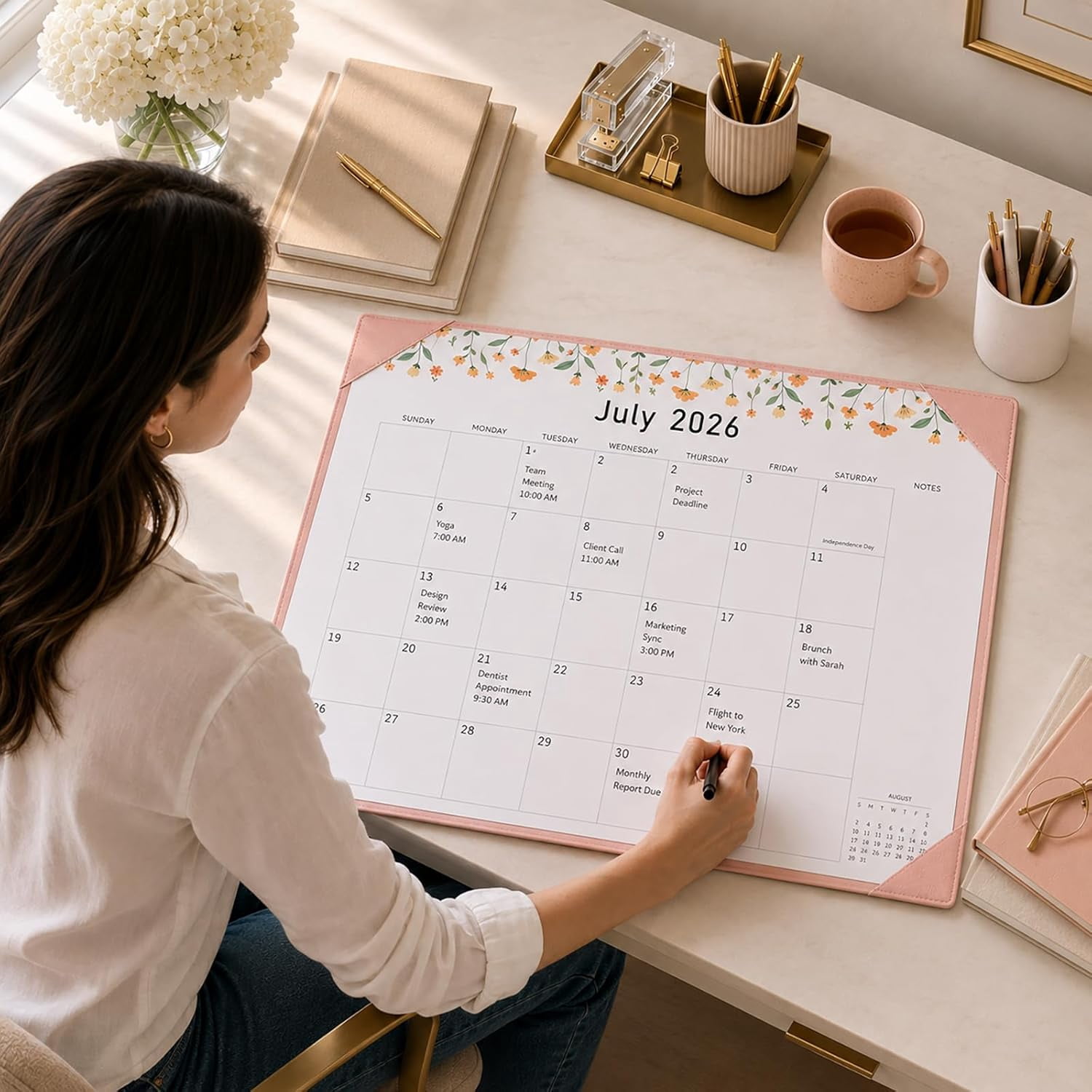Desk Calendar 2026-2027 with Desktop Mat, Large 22" x 17" Desk Pad Calendar, 18-Month Calendar Use Now Through Jun 2027, Office Supplies for Home School Office, Pink with 6 Stickers