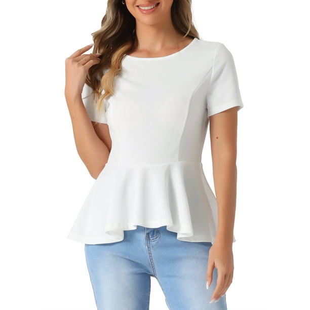 INSPIRAR CHIC Blusa de Peplum de Manga Corta con Cuello Redondo para Mujeres Primavera Verano Talla XL Blanca