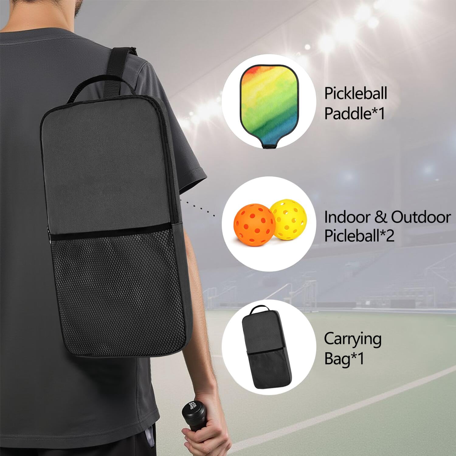 Pickleball Paddles Set Of 1, Fiberglass Surface, Vibrant Rainbow Print, 1 Paddle, 2 Balls & Bag