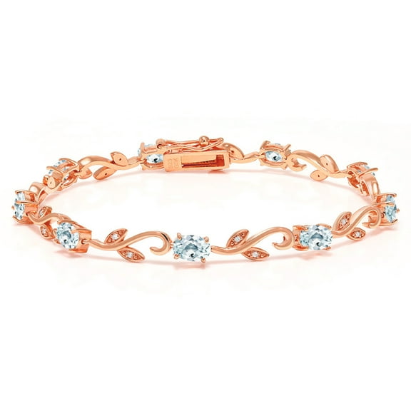 Gem Stone King 18K Rose Gold Plated Silver Sky Blue Aquamarine and White Diamond Tennis Bracelet for Women (4.63 Cttw, Gemstone Birthstone, Fully Adjustable up to 9 inch)