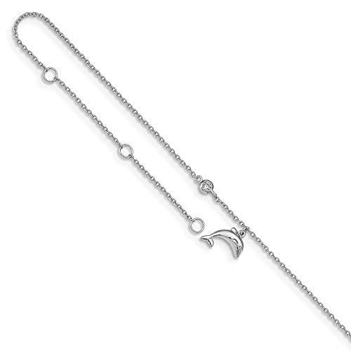 Sterling Silver Rhodium-plated Cubic Zirconia Dolphin with 2in Extender Anklet