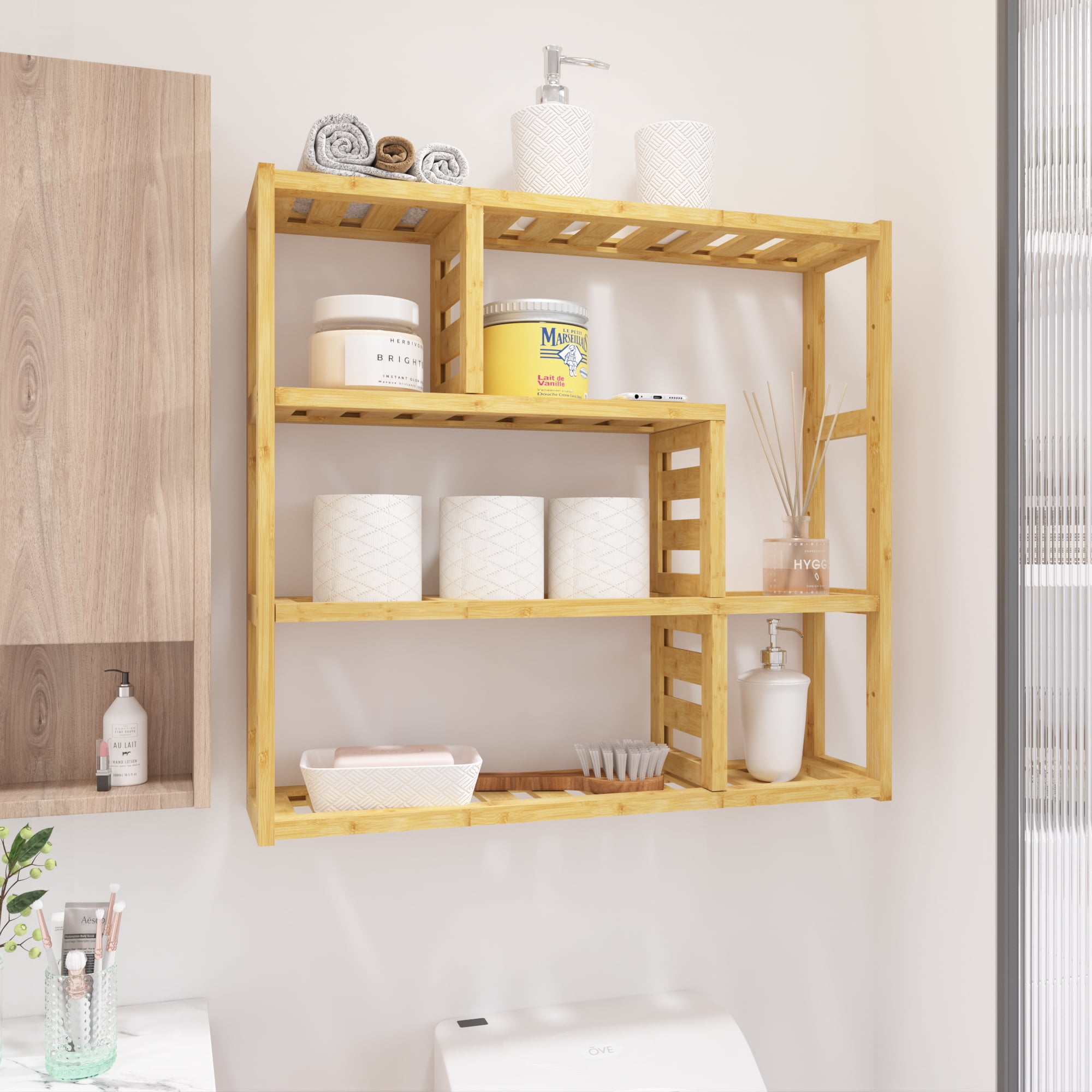 Bathroom Bamboo Shelf 3-Tier Adjustable Layer Wall Mounted Storage Rack  Holder 