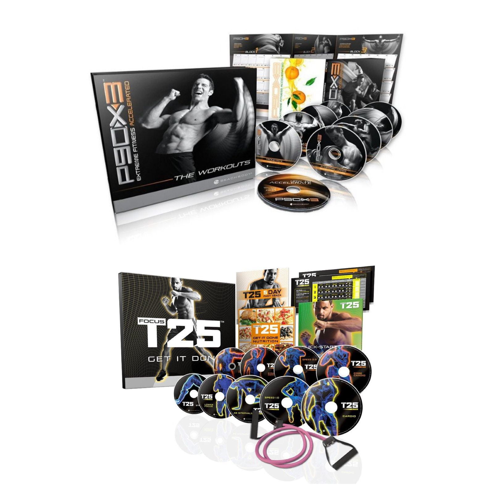 Beach Body Tony Horton s P90X3 DVD Workout with Resistance band Shaun T s FOCUS T25 Deluxe Kit DVD Workout Walmart