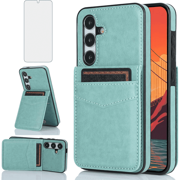 Asuwish Screen Protector Included PU Leather Soft Shell Wallet Cell Phone Case with Screen Protector for Samsung Galaxy S24 Plus, Teal