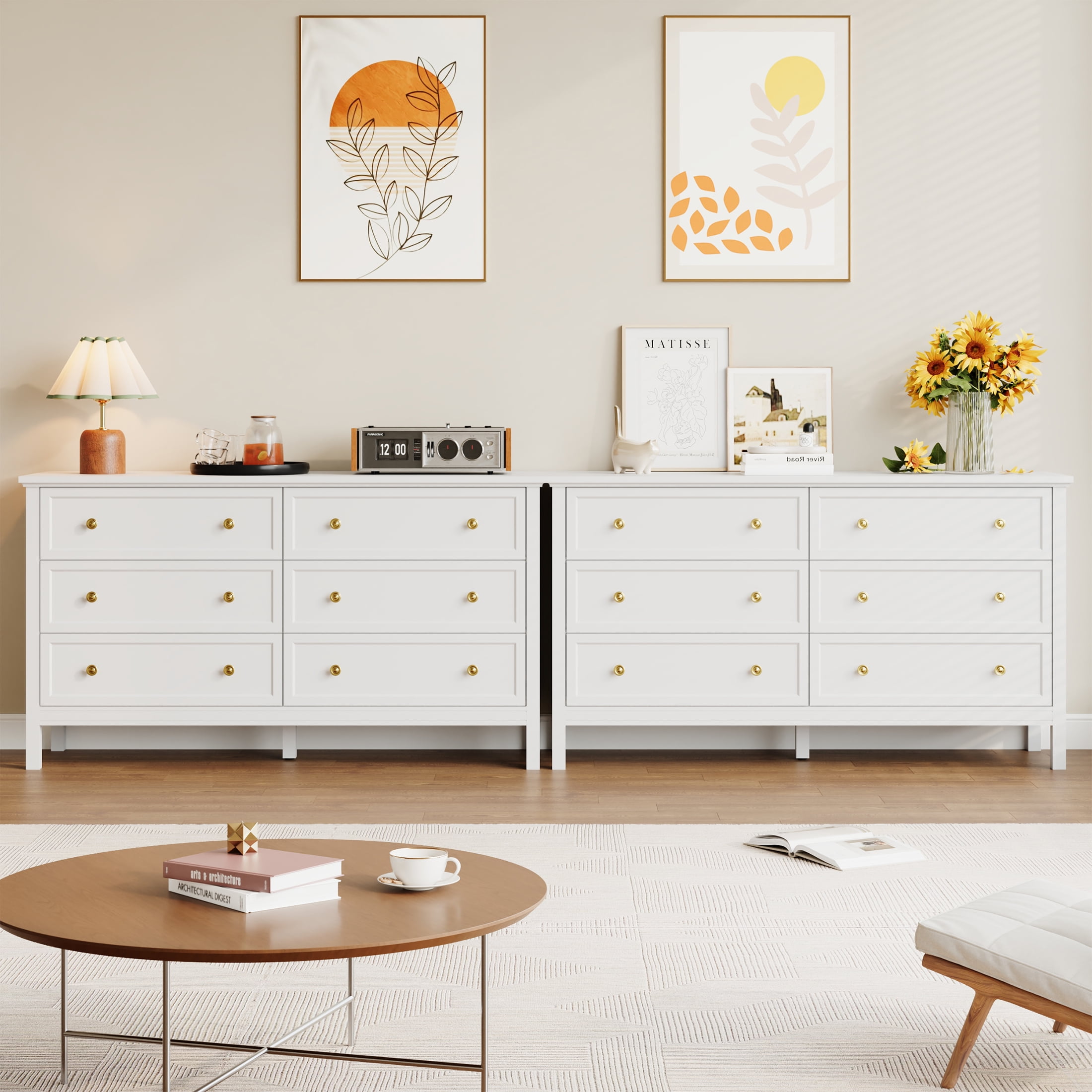 YouTrend White Large Dresser with 6 Drawer for Bedroom,Traditional Adult Storage Cabinet with Golden Handles for Living Room,Hallway