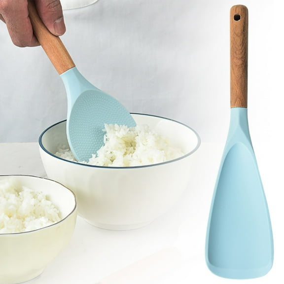Heat Resistant Duckbill Silicone Spatula with Long Wooden Handle,Multifunctional Salad Spoon Turner & Scraper for Non-Stick Cookware Pans(Light Bule)