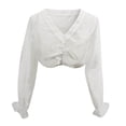 thumbnail image 4 of Tqcoqu Women's Long Sleeve Crop Tops,Sheer Mesh V-Neck Ruched Front Ruffle Cuff Tops,White Women's S-XXL, 4 of 5