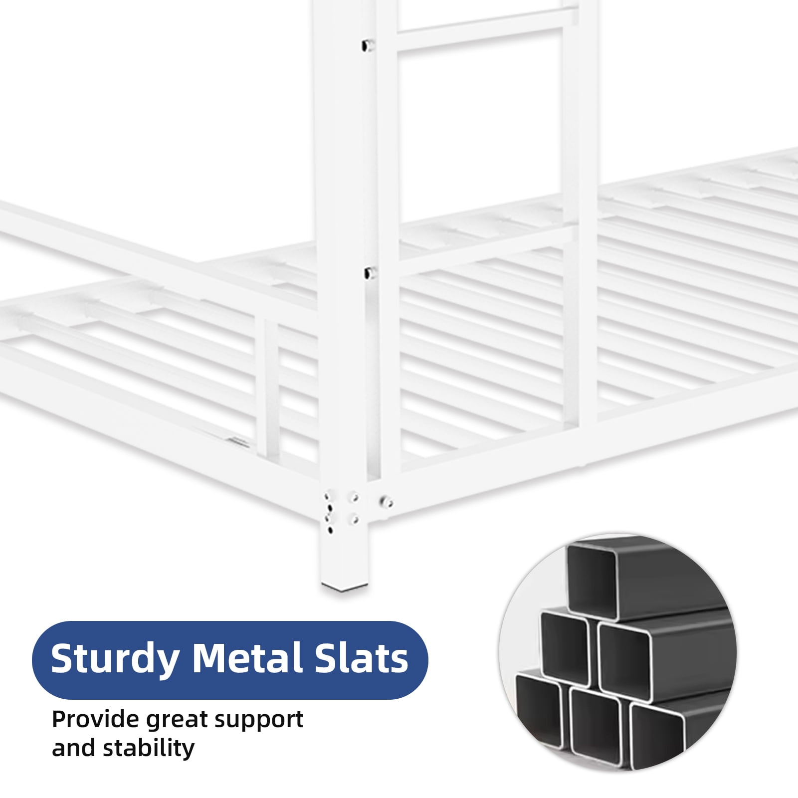 Alvantor Metal Bunk Bed Twin over Twin for Kids Adults, Low Bunk Bed with Guardrails and Ladder for Bedroom White