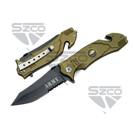 4.5" Army-Themed Rescue-Style Folding Decorative Piece with Serrated Blade, Glass Breaker & Belt Cutter