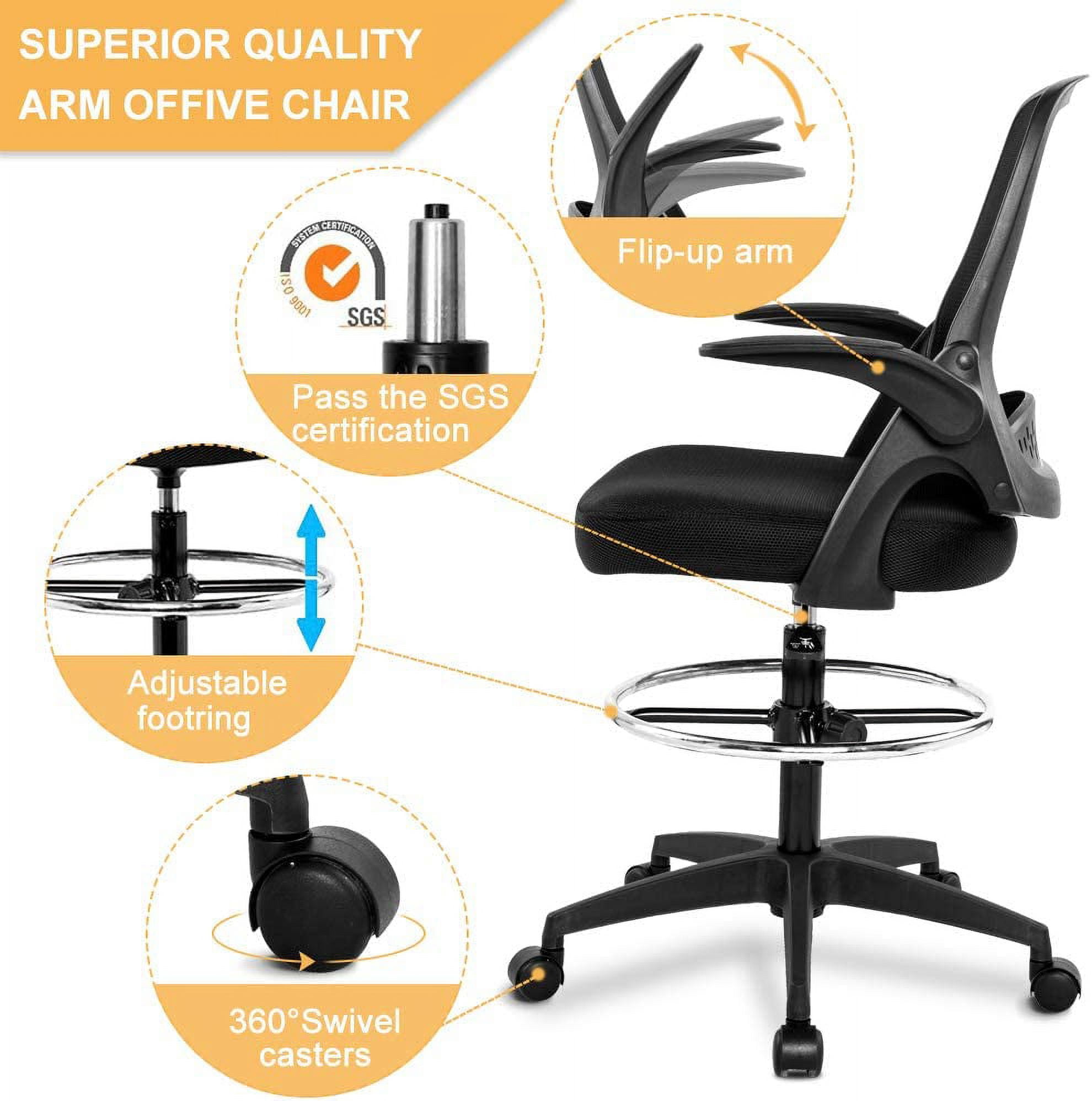 Drafting Chair Ergonomic Mesh Office Chair for Standing Adjustable Computer Desk Chair Home Office Desk Chair Mesh Task Chair with Footring & Flip Up Arms
