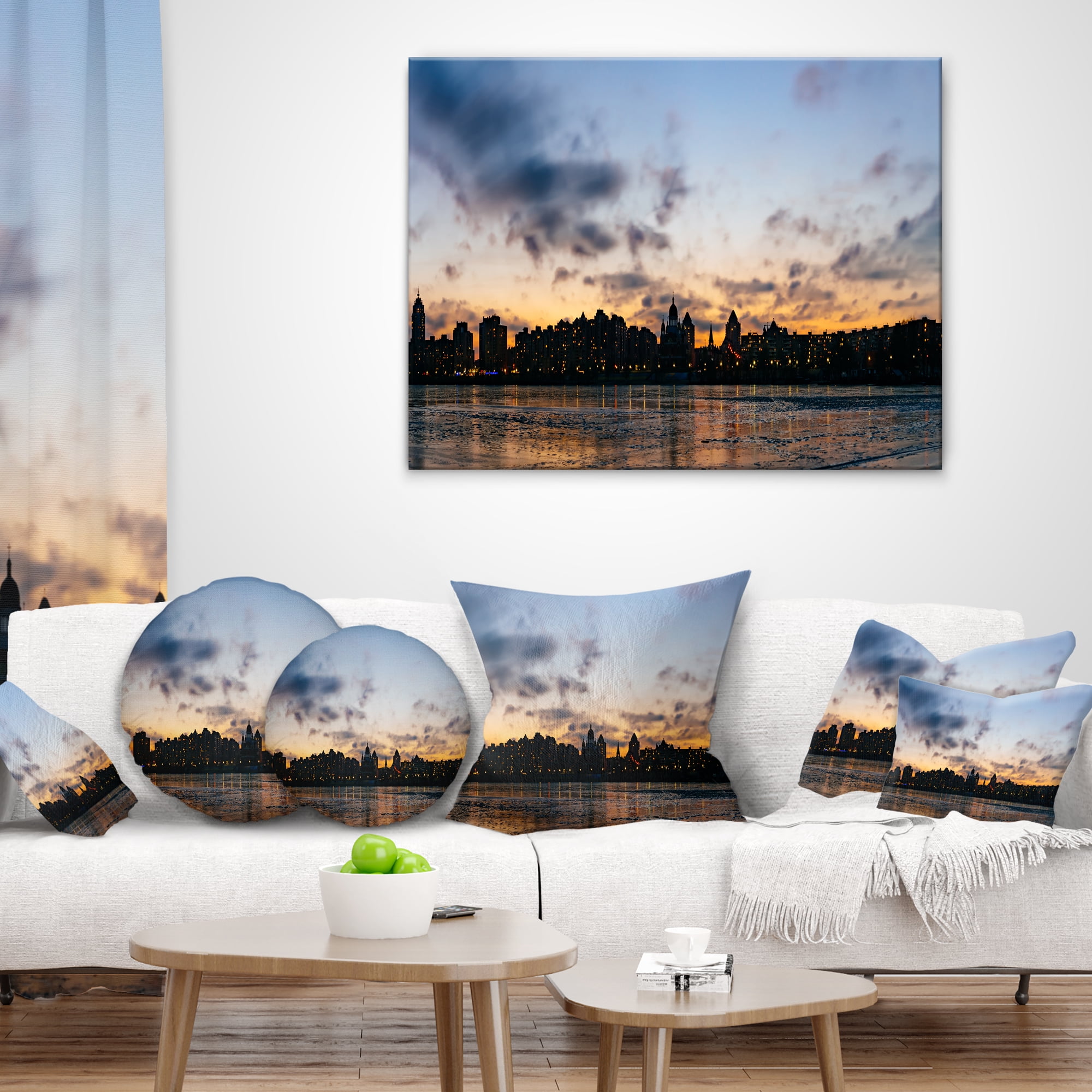 Designart Sunset with Clouds in Kiev Panorama - Cityscape Throw Pillow - 18x18