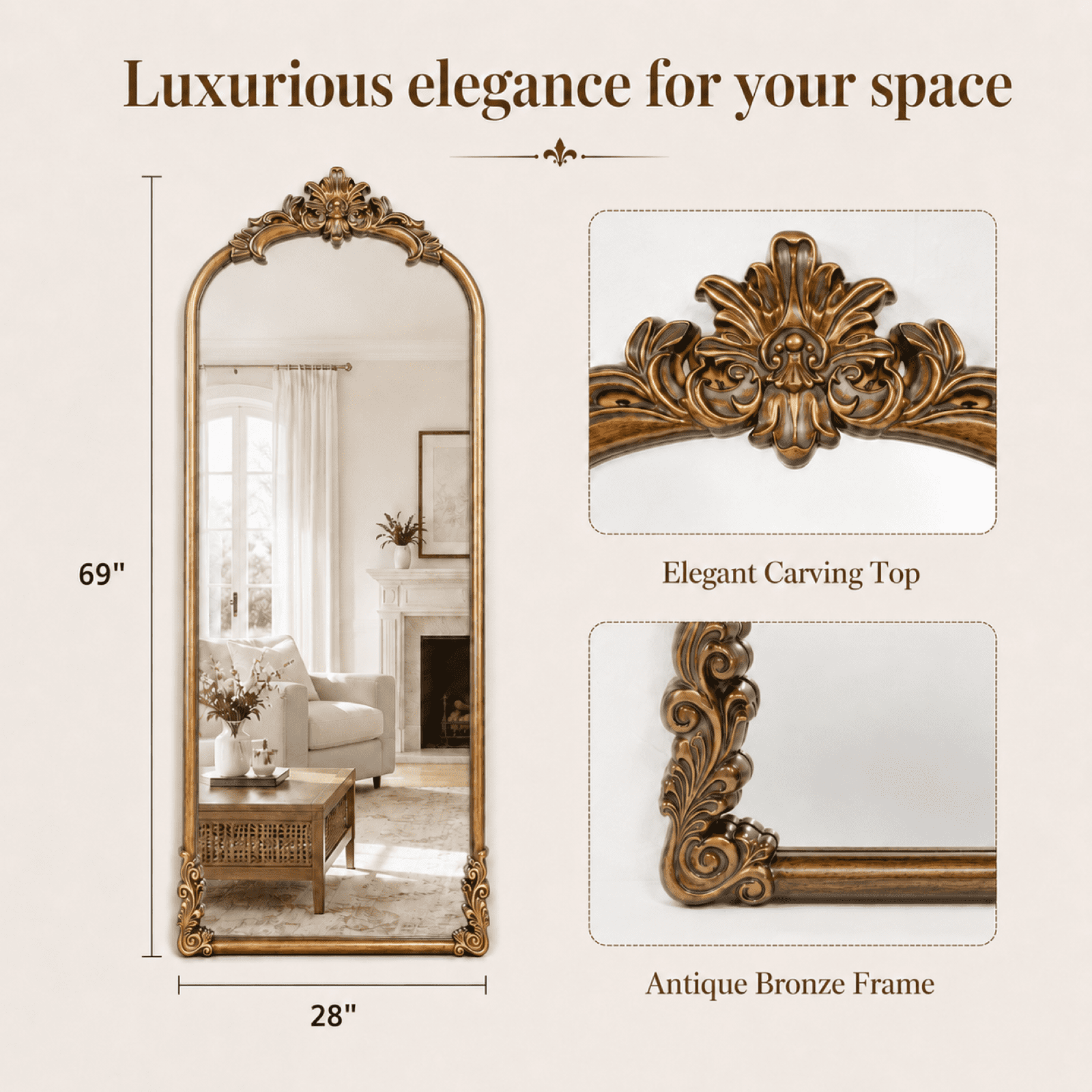 EVARNIO 69"x28" Vintage Full Length Mirror Arched Floor Mirror Baroque Style Wall Mounted Mirror Ornate Decor Mirror with Stand, Antique Bronze