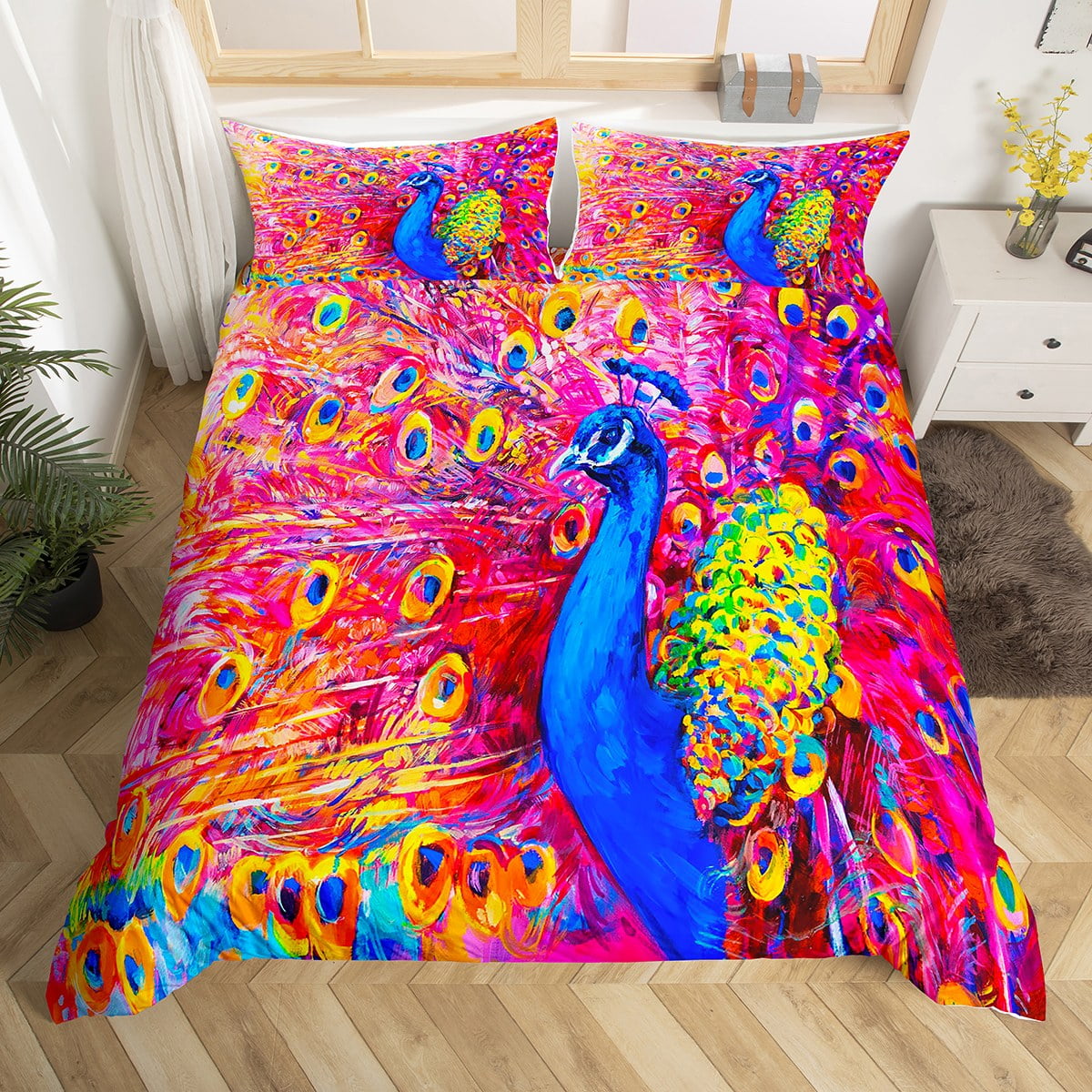 Peacock Duvet Cover Bohemian Bedding Set for Boys Girls,Rainbow Feather