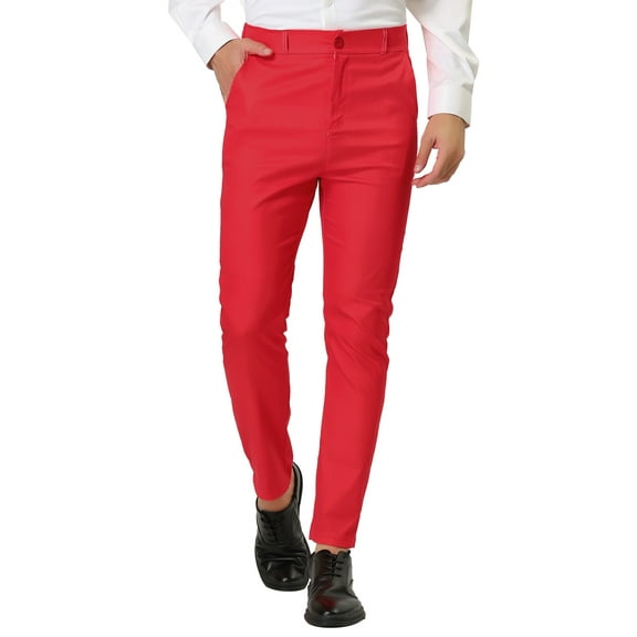 Unique Bargains Men's Slim Fit Trousers Flat Front Solid Color Business Pants 30 Red