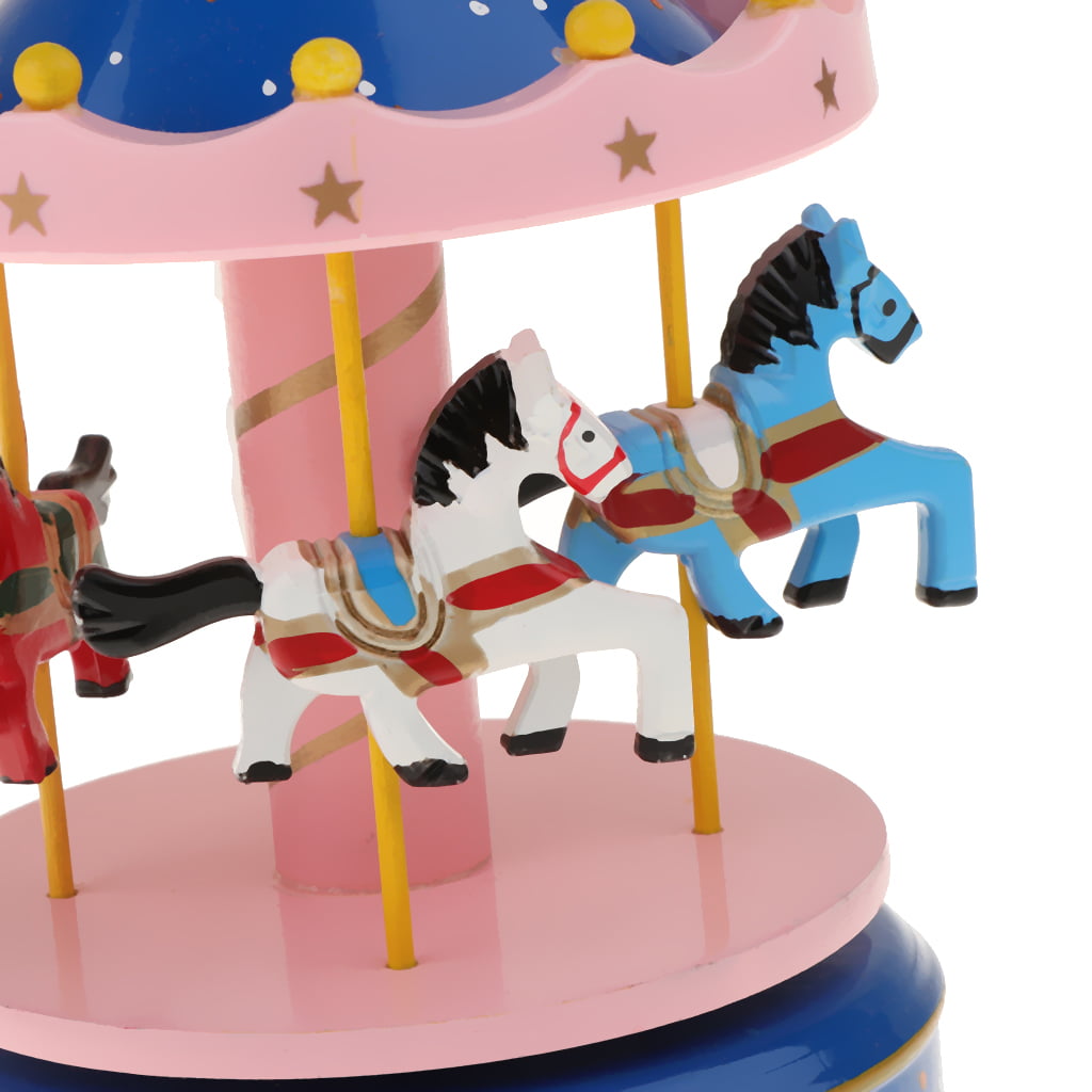 Wooden Merry-Go-Round Carousel Music Box for  Christmas Birthday Blue 