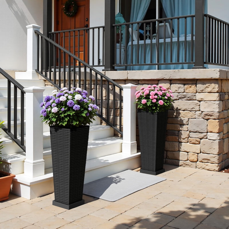 Homall 2-Pack 24" Tall Outdoor Plastic Planters with Inside Pots, Drainages and Trays, Rattan - Patterned for Patio Decor