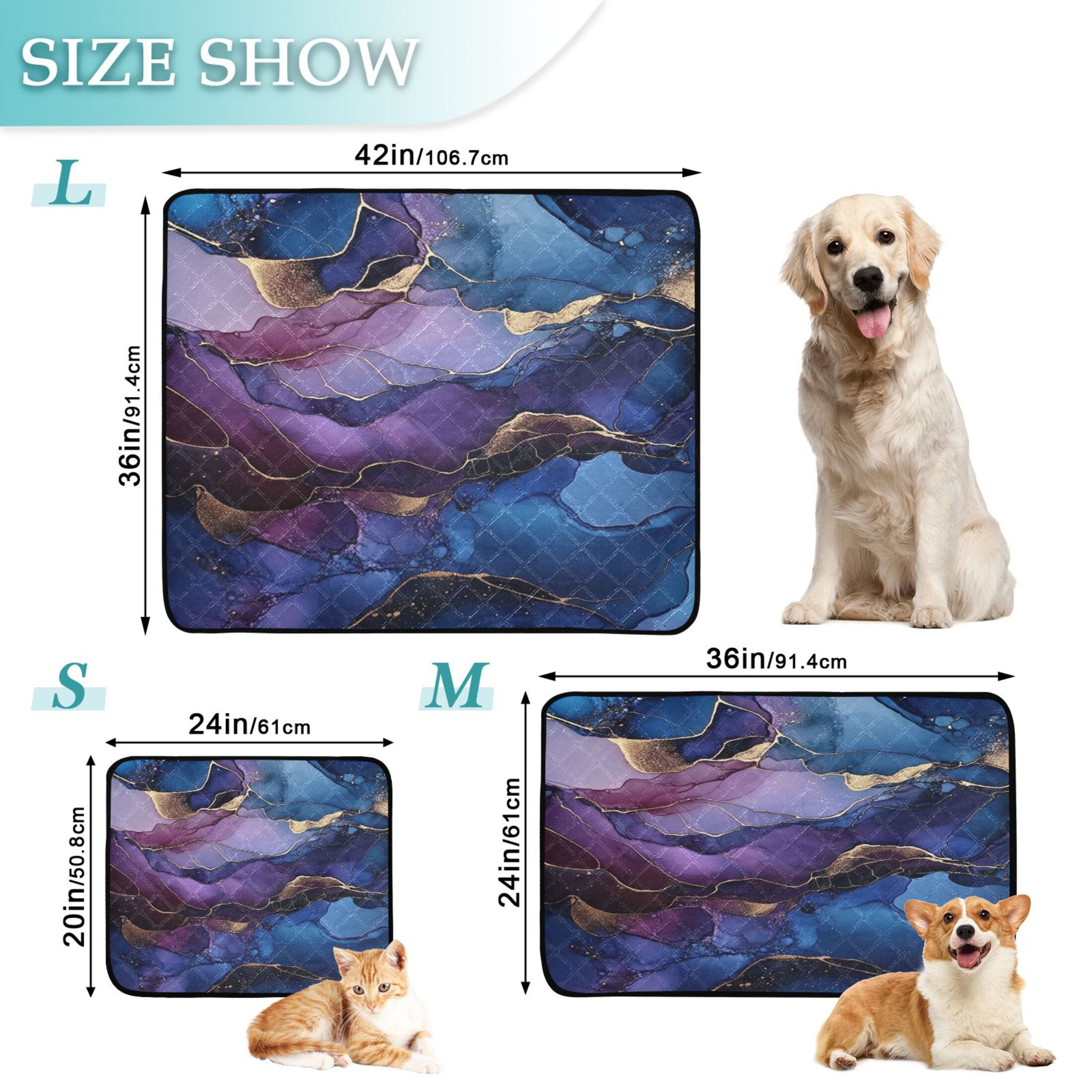 Qxltty Gilt Blue Marble Cat litter Pads Pet Set of 3 Diaper Mats Center Anti-leakage Layer Absorbent Soft and Comfortable
