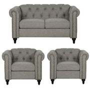 3 Piece Living Room Set with Tufted 59" Loveseat and 2 Armchairs in Gray