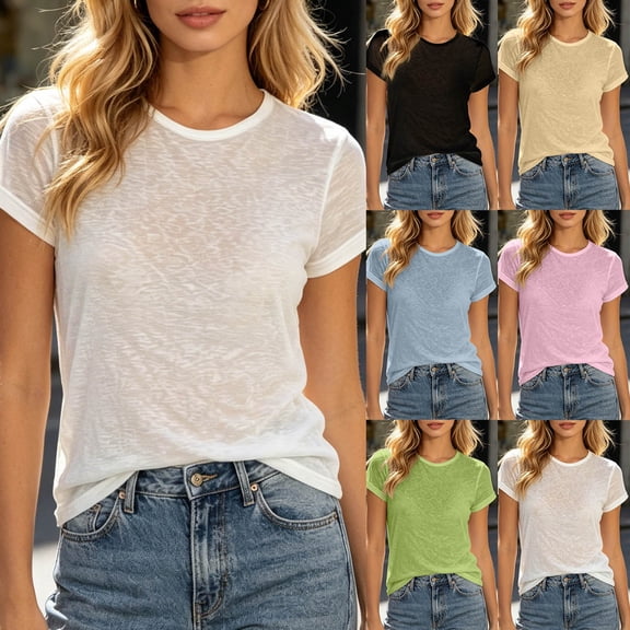 Women Solid Color Basic Casual Top, Versatile Everyday Tee, Soft Breathable Lightweight Slub Yarn Layering Shirt for Daily Wear